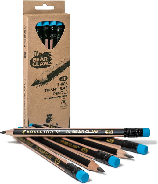 Koala Tools | Bear Claw Pencils (Pack of 6) - Fat, Thick, Triangular Grip, Extra-Dark 6b Graphite Core with Eraser - Suitable for Kids, Art, Drawing
